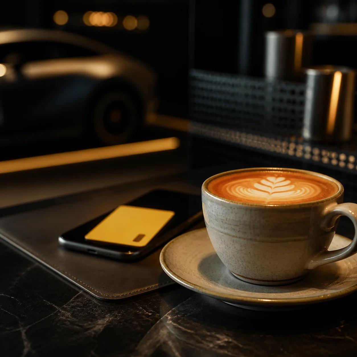 Coffee and a loyalty card in an automotive-themed cafe concept